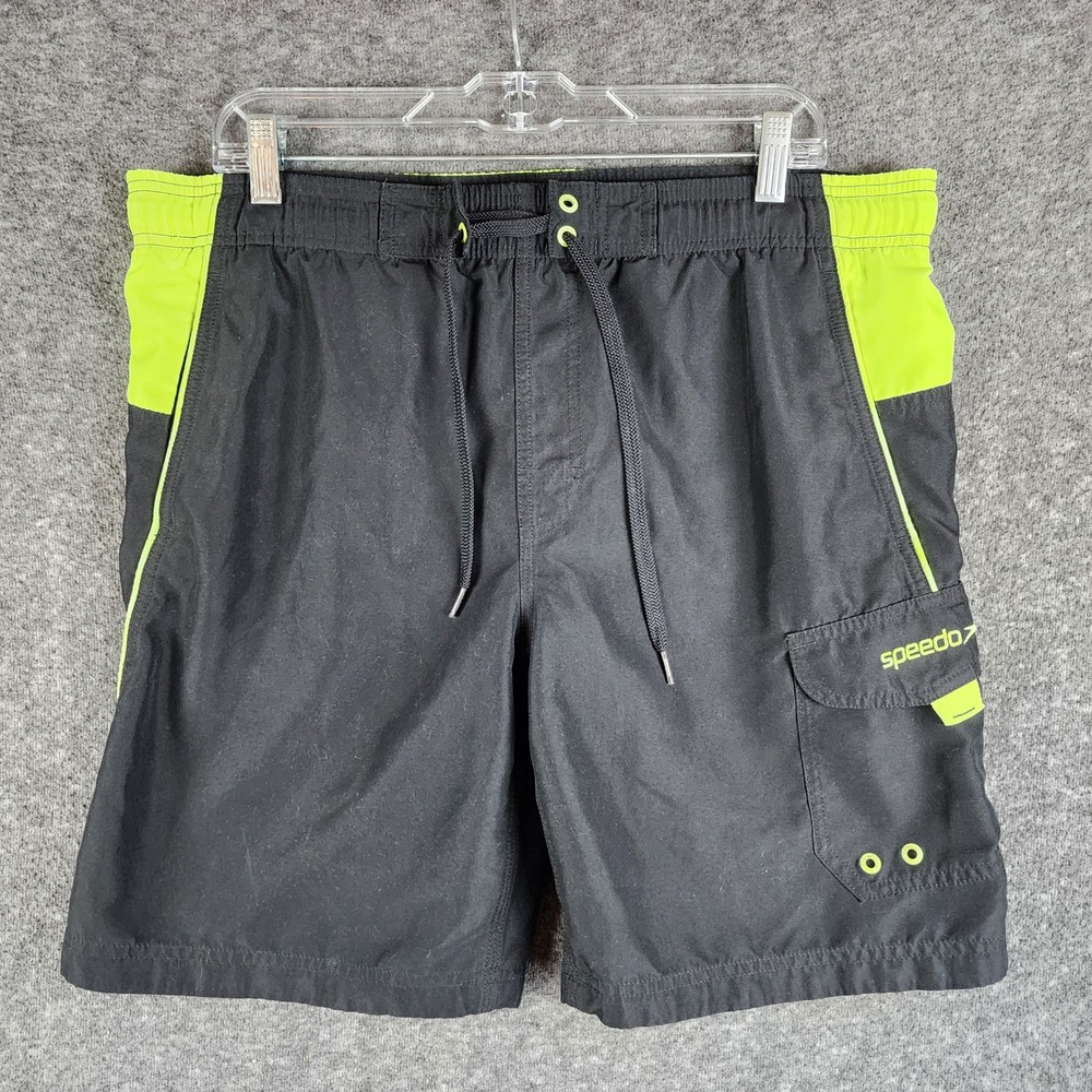 Speedo Swim Trunks Mens M Black Neon Green Cargo Pocket Swimming Shorts EUC